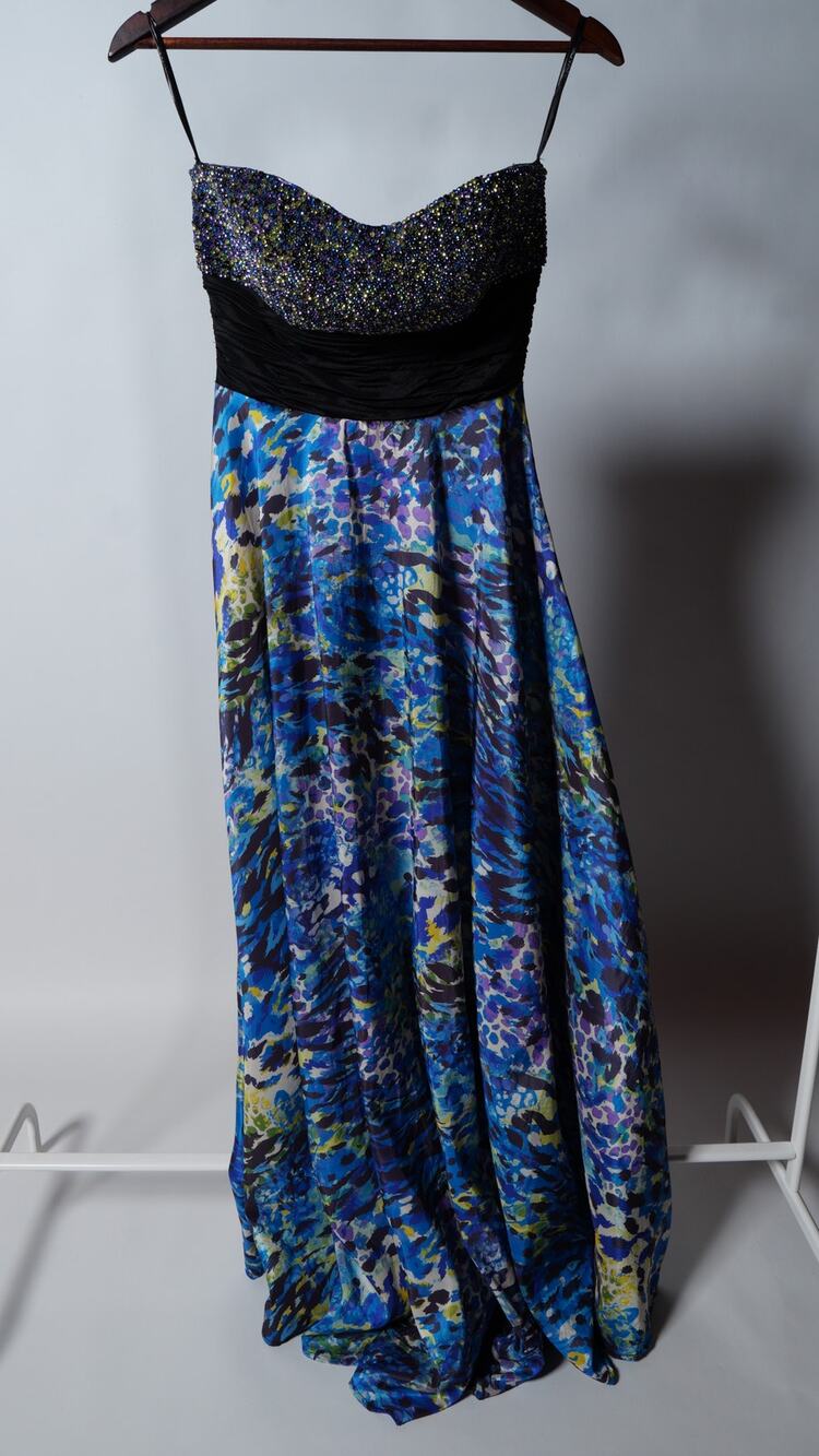 Jovani Blue Black Beaded Abstract Print Strapless Gown Dress Size 2